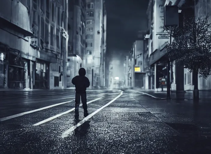 Prompt: boy from the back with a black hoodie staing at a white glowing angel in the sky, empty city street at night where there are only cars parked, heavy rain, dramatic lighting, cinematic, establishing shot, extremly high detail, photorealistic, cinematic lighting, post processed