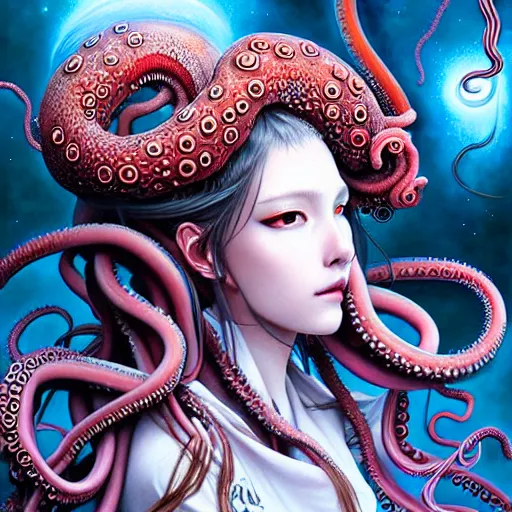 Image similar to a girl with tentacles on her head, an ultrafine detailed painting by ayami kojima, cgsociety, fantasy, anime digital art, lovecraftian, cosmic horror, detailed painting