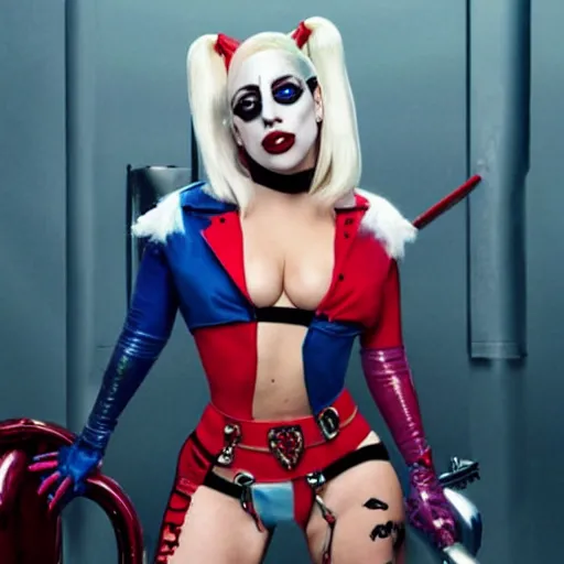 Image similar to lady gaga as harley quinn, insane details, thicc body, skintight outfit, movie poster