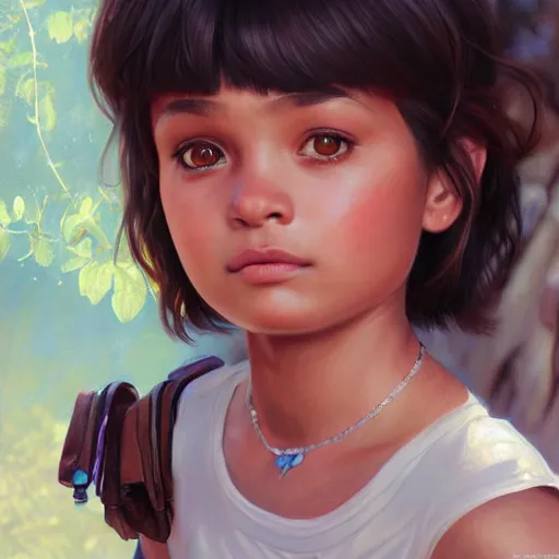 Image similar to ultra realistic illustration, dora the explorer, intricate, elegant, highly detailed, digital painting, artstation, concept art, smooth, sharp focus, illustration, art by artgerm and greg rutkowski and alphonse mucha