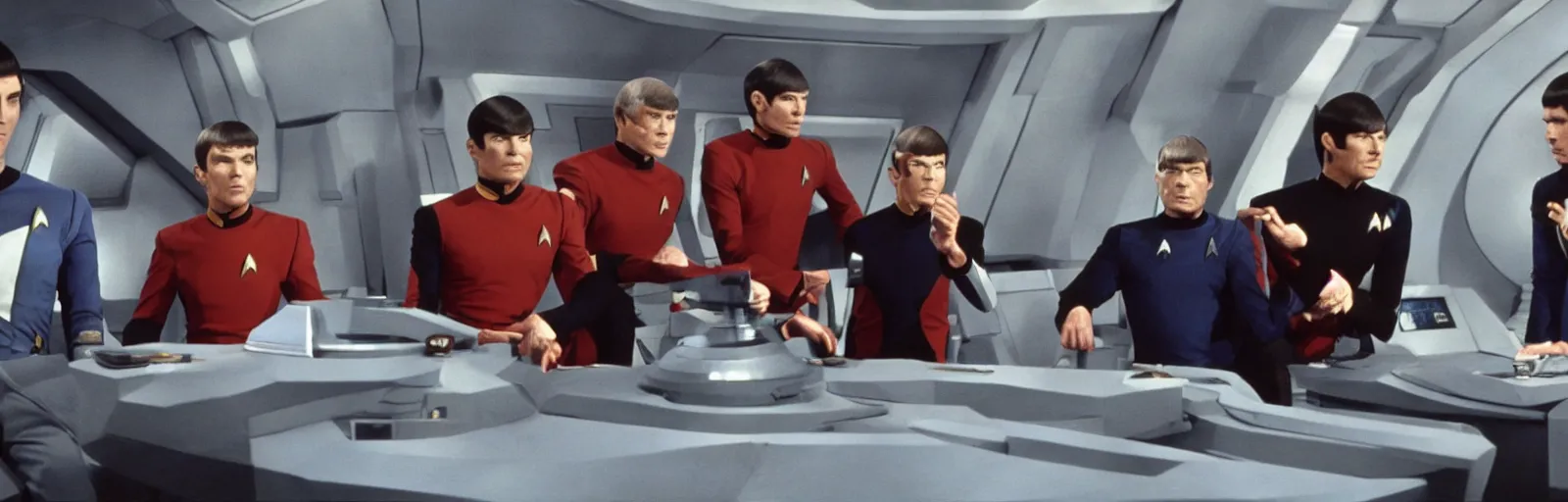 Image similar to a screencap of captain kirk, mr. spock and doctor mccoy on the bridge of the enteprise, in star trek the original series