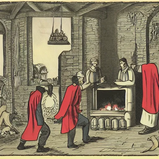 Prompt: robed cultists surround a stove