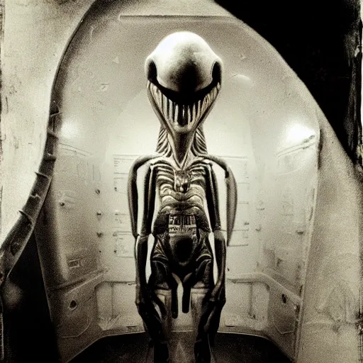 Prompt: alien inside a spaceship interior, hyper realistic, hight detail, sharp focus, wide angle, moody lighting, tintype, black and white photo by Joel Peter Witkin