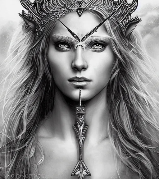 Image similar to portrait of very beautiful aphrodite goddess as an archer, arrow crown, beautiful piercing eyes, flowing blonde hair, realistic face, black and white drawing, in the style of greg rutkowski, fantasy, amazing detail, epic, intricate, elegant, smooth, sharp focus