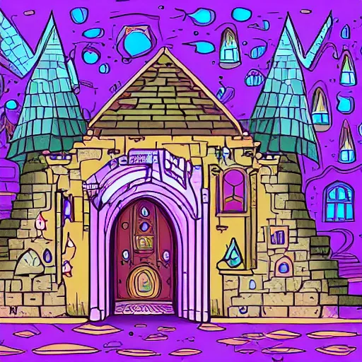 Prompt: a subterranean magic castle surrounded by a mote, digital illustration, a house of many doors art, digital illustration, flat colors, blue and purple color scheme, pixel trickery studios artwork,