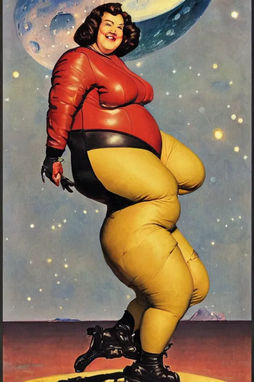 Prompt: 5 0 s pulp scifi fantasy illustration full body portrait cheerful obese woman in leather spacesuit on mars, by norman rockwell, roberto ferri, daniel gerhartz, edd cartier, jack kirby, howard v brown, ruan jia, tom lovell, frank r paul, jacob collins, dean cornwell, astounding stories, amazing, fantasy, other worlds