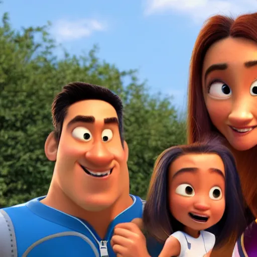 Image similar to young beautiful athletic Filipino woman with long hair and a handsome caucasian athletic man with buzzed hair, high widows peak, 5 o'clock shadow, both depicted as Pixar characters, high quality cg render