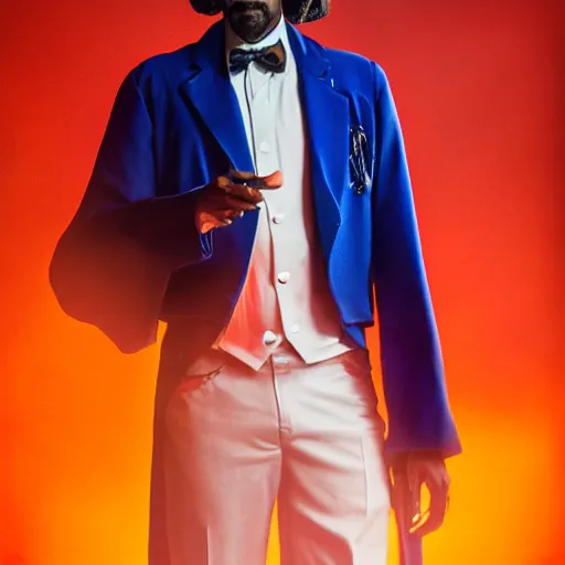 Prompt: snoop dogg as a young man with a beard in a dark blue trenchcoat with an orange bowtie as the new doctor who, cinematic, volumetric lighting, f 8 aperture, cinematic eastman 5 3 8 4 film, photorealistic