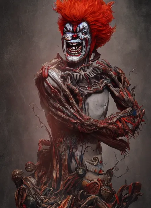 Image similar to evil horror clown, monster anatomy, ross tran, vivid colors, anatomical, highly detailed sculpture, intricate detailed, ommatidia, 8 k, cinematic atmosphere, post - processing