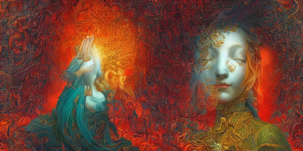 Image similar to ai dreams of god. baroque, deep focus, fantasy, intricate, elegant, highly detailed, digital painting, artstation, sharp focus, illustration. scarlet - green and mustard - indigo and azure - orange and white color scheme.