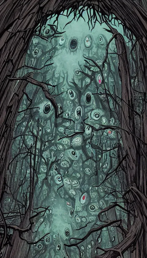 Image similar to a storm vortex made of many demonic eyes and teeth over a forest, by studio ghibli