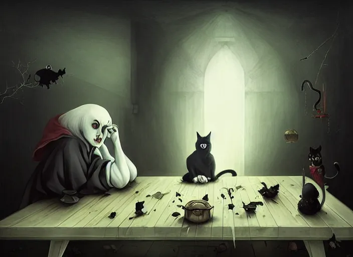 Prompt: a shinigami returns home after a long day of reaping souls only to find his pet cat has made a mess of the dining room table. a haunting minimal artwork by hieronymus bosch, cyril rolando, esher and natalie shau, whimsical, profound, impossible