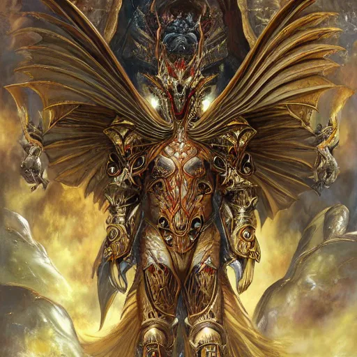 Image similar to a scary symmetrical muscular full body wearing a dragon armor with wings made of golden ornaments and gems, by alex gray and android jones , Karol Bak, Ayami Kojima, Amano , concept art, character design, fantasy,3D, 8k resolution