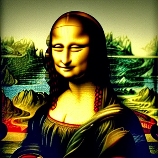 Prompt: Mona Lisa took lsd before get painted