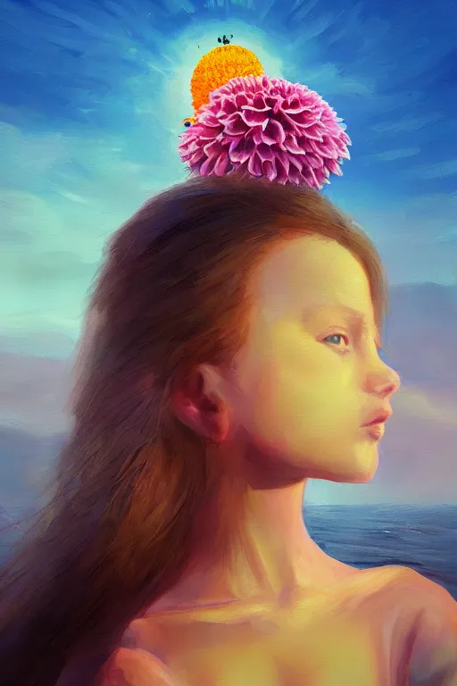 Image similar to closeup girl with huge dahlia flower face, on the beach, surreal photography, blue sky, sunrise, dramatic light, impressionist painting, digital painting, artstation, simon stalenhag