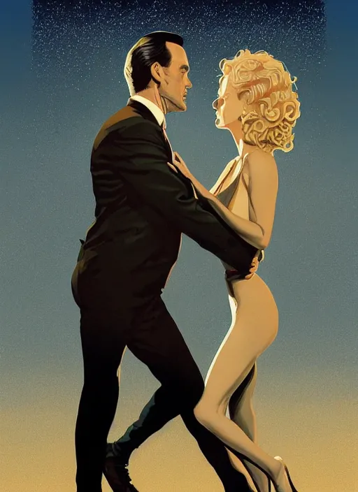 Image similar to poster artwork by Michael Whelan and Tomer Hanuka, Karol Bak of Naomi Watts & Jon Hamm husband & wife portrait, in the pose of The Notebook poster, from scene from Twin Peaks, clean, simple illustration, nostalgic, domestic, full of details