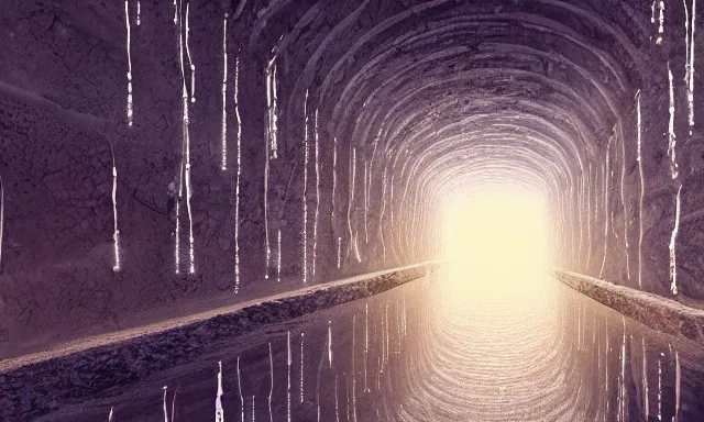 Image similar to beautiful picture of a magical vertical cylindrical tunnel made of big upside-down raindrops joining a dried up river with the sun, highly-detailed, fantastic, dramatic lighting, artstation, 4k