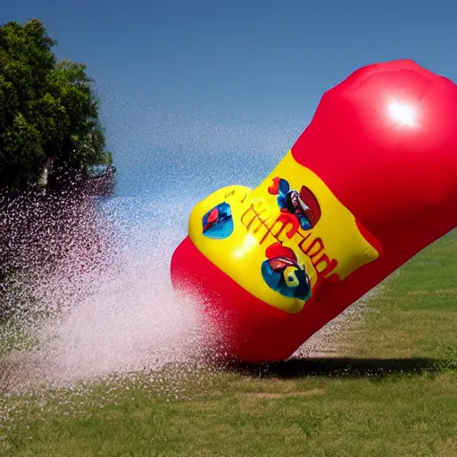 Image similar to overinflated inflatable bursting, too much air, toy explosion, action photography, slow - motion