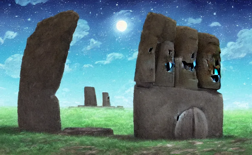 Prompt: a cell - shaded studio ghibli concept art study of a square dimensional portal doorway in easter island on a misty starry night. water is flowing out of the mouth of the portal. very dull colors, hd, 4 k, hq