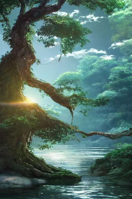 Image similar to shimmering river flowing through a giant ancient tree, serene evening atmosphere, soft lens, soft light, cel - shading, animation, in the style of cgsociety, deviantart, artstation, zbrush, cinema 4 d, studio ghibli, akihiko yoshida, atelier lulua, masamune shirow