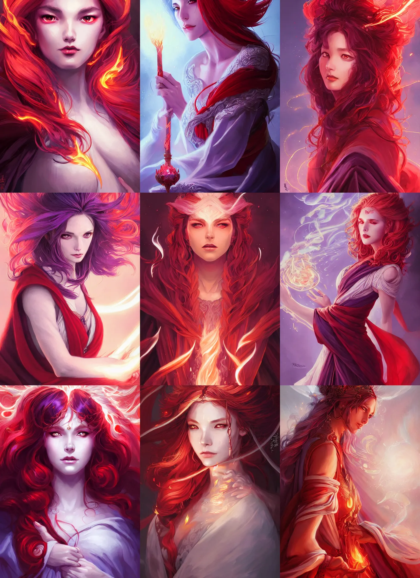 Prompt: portrait of the goddess of fire and thunder, robes, red and white, beautiful, violet hair, glowing eyes, stunning, high fantasy, highly detailed, smooth, sharp focus, digital illustration, by rossdraws, frank fanzzeta, sakimichan