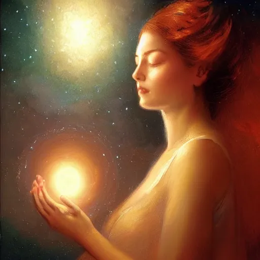 Image similar to A woman holding!!!!! Earth!!!!! in her eloquently gentle palms while she solemnly meditates about what to do next in the creation of the universe, illustrated by Greg Rutkowski and Gaston Bussiere, vividly radiantly beautiful lighting, closeup!!!!!, portrait imagery!!!!!, dazzling dappled lighting, subsurface scattering, light refractions, trending on artstation, 4k, 8k!!!!!