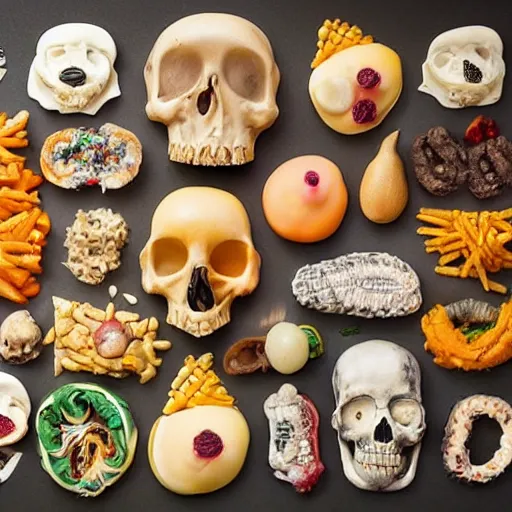 Prompt: disgusting food dishies composed of disturbing and dreadful foods of human remains