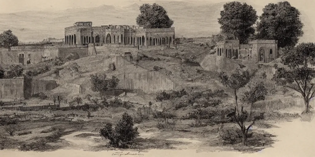 Image similar to ashanti rammed earth palace, it is located atop a hill and overlooks the capital city. 1 8 7 4. colonial era sketch