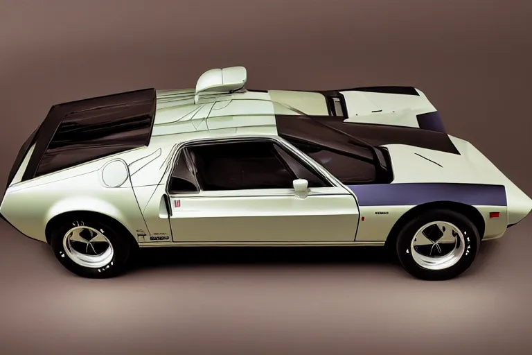 Prompt: designed by giorgetto giugiaro stylized poser of a single 1 9 6 9 fastback mustang ( mk 2 ford gt 4 0 ) 1 9 8 2 firebird transam delorean, large led lights, ektachrome photograph, volumetric lighting, f 8 aperture, cinematic eastman 5 3 8 4 film