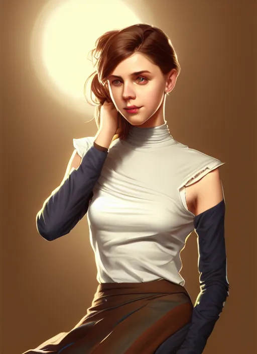 Image similar to portrait of a full body of beautiful young female secretary, d & d, sleeveless turtleneck, pencil skirt, fantasy, flat lighting, intricate, highly detailed, digital painting, artstation, concept art, smooth, sharp focus, illustration, art by simon bisley and greg rutkowski and alphonse mucha, natural tpose