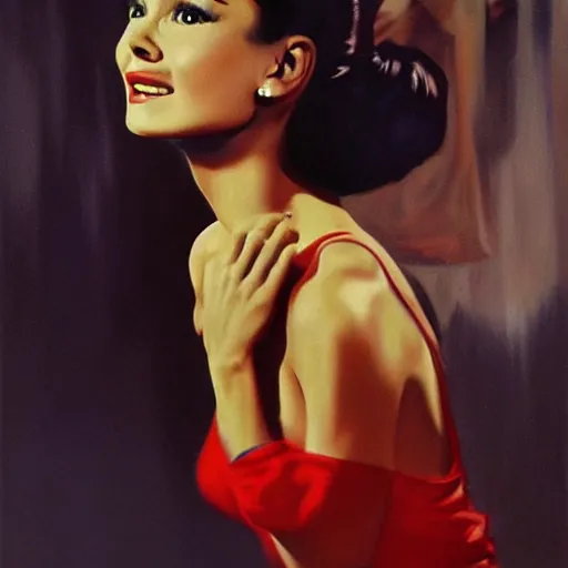 Image similar to ultra realistic portrait painting of audrey hepburn in west side story, art by frank frazetta, 4 k, ultra realistic, highly detailed, epic lighting.