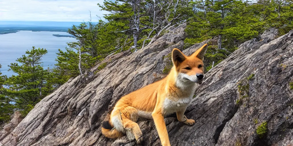 Image similar to a dingo poses on the precipice trail on mt. champlain in maine, ocean background, ladders