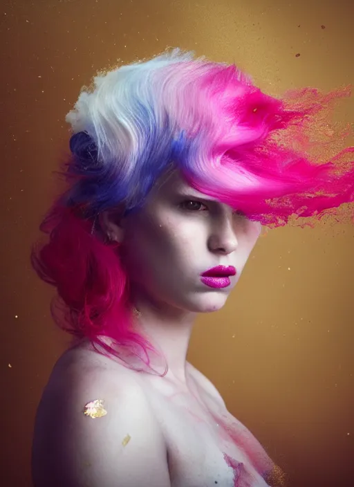 Prompt: a dramatic lighting photo of a beautiful young woman with cotton candy hair. paint splashes. moody, melanchonic. with a little bit of gold and white