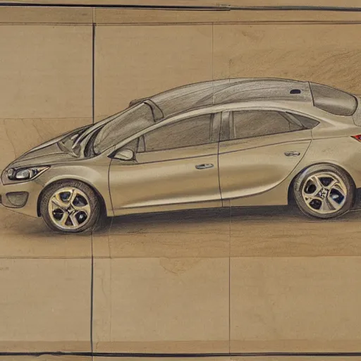 Image similar to leonardo de vincis detailed schematics of a kia forte, drawn