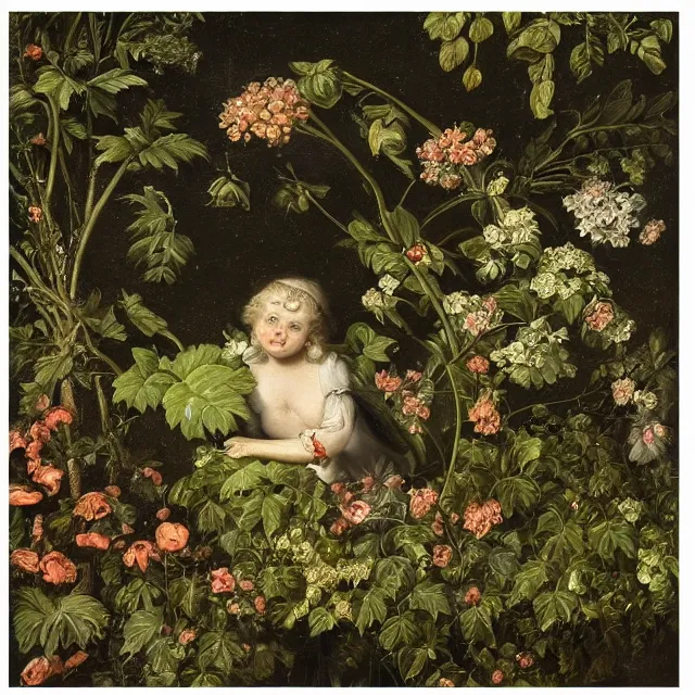 Image similar to a painting of ivy in a garden at night, black background, a flemish baroque by jan van kessel the younger, intricate high detail masterpiece