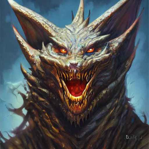 Image similar to oil painting of dragon, dnd character, fantasy, realistic textured skin, portrait, wolf head, glowing eyes, sharp focus, artgem, boris valejo, frank frazetta, heavy metal style, trending on artstation, digital painting, julie bell, beautiful, very detailed,