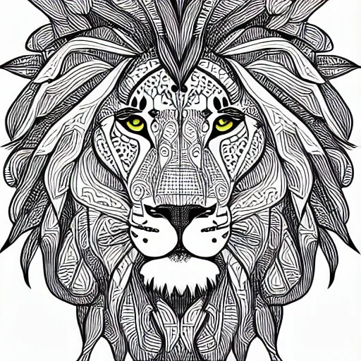 Prompt: Coloring book cover of a resting lion, outlined, ArtStation, sharp focus, 4k