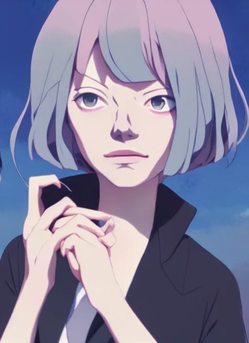 Image similar to portrait of emma stone starring cruella, cloudy sky background lush landscape illustration concept art anime key visual trending pixiv fanbox by wlop and greg rutkowski and makoto shinkai and studio ghibli