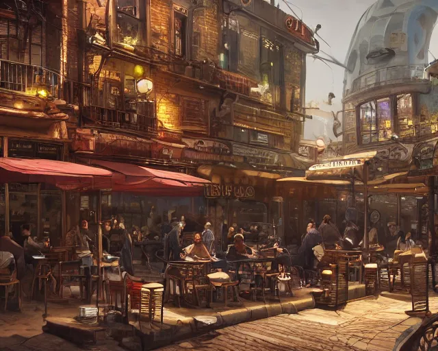 Prompt: a man sitting at a table in a cozy relaxed cafe, looking out at the bustling underbelly of a thriving steampunk city by james paick, trending on cgsociety, unreal engine, 4 k wallpaper