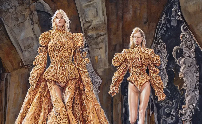 Image similar to fashion model walking down a catwalk, elaborate dress by alexander mcqueen, art by michael whelan and chris moore and howard david johnson and tim white and dan giancola