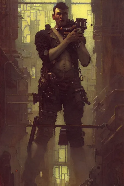 Image similar to portrait max mad cyberpunk, machinist tech rifle gun design, painting by gaston bussiere, katsuya terada, nc wyeth, greg rutkowski, craig mullins, vermeer, frank frazetta, mucha, tom of finland, trending on artstation, jeffery catherine jones