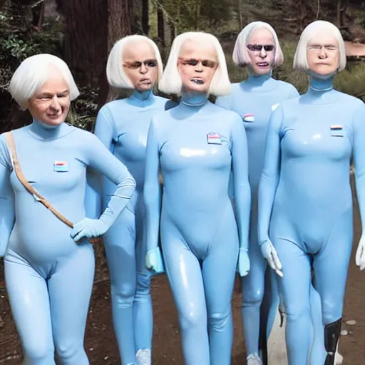 Prompt: troop 1 2 0 - year - old grannies with white bob hairdos, tight light blue latex body suits, futuristic cloning facility, sci - fi, highly detailed, cinematic