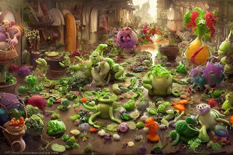 Image similar to miniature vegetable creatures parade. the floor is a cutting board. a kitchen in the background. digital art, realistic, pixar style, highly detailed, cinematic, matte painting, vivid colors, realistic, epic, low angle, lighting, by greg rutkowski and artgerm and alphonse mucha