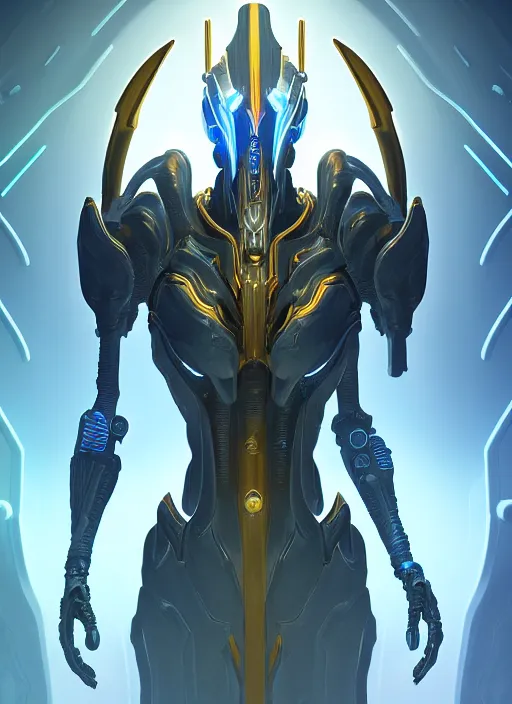 Image similar to benevolent cyborg necromancer, scifi, futurism, alien room background, white, blue, gold, protoss, warframe, highly detailed, trending on artstation, soft light, sharp edges, illustration, spiritual, technology, character design, art by vitaly bulgarov and nivanh chanthara