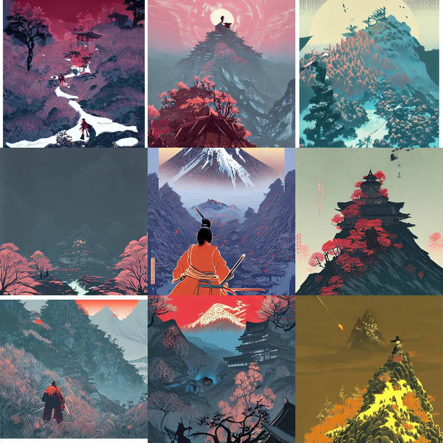 Prompt: sekiro mountain by victo ngai