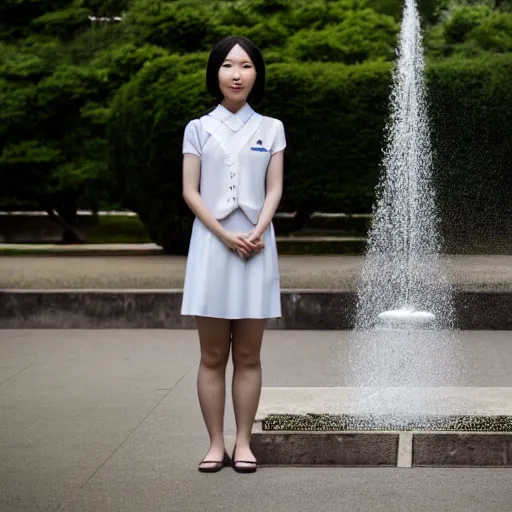 Image similar to a full body portrait of a young Japanese maid standing in front of a fountain in a park, 8k, cinematic, photo taken with Sony a7R camera, by William-Adolphe