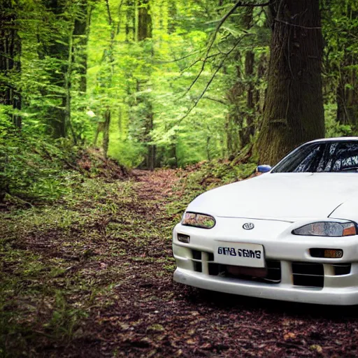 Image similar to an abandoned toyota supra mk 4 in the woods