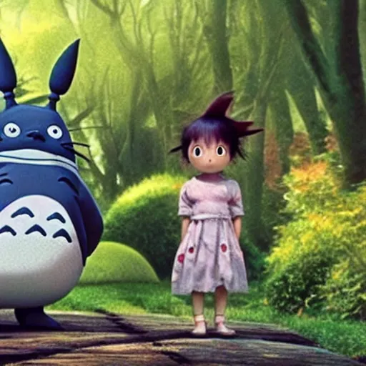Prompt: tim burton's My Neighbor Totoro remake, live action, dark comedy, gothic, production photo