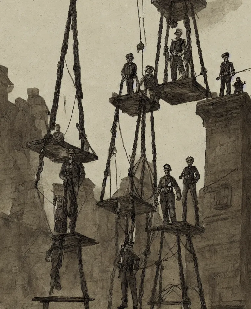 Image similar to 2 soldiers and executor and a convict standing next to a halifax gibbet on a raise platform, villagers looking on from below, concept art,