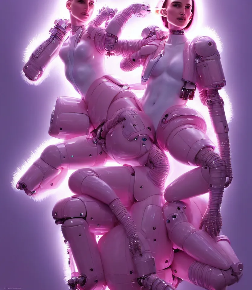 Image similar to beautiful fantasy character portrait of a natalie portman cyborg, wearing pink puffy bomber jacket with white fur, seductive reclining pose, lasers, ultra realistic, dramatic lighting, robots, the fifth element artifacts, highly detailed by peter mohrbacher, hajime sorayama, wayne barlowe, boris vallejo, aaron horkey, gaston bussiere, craig mullins